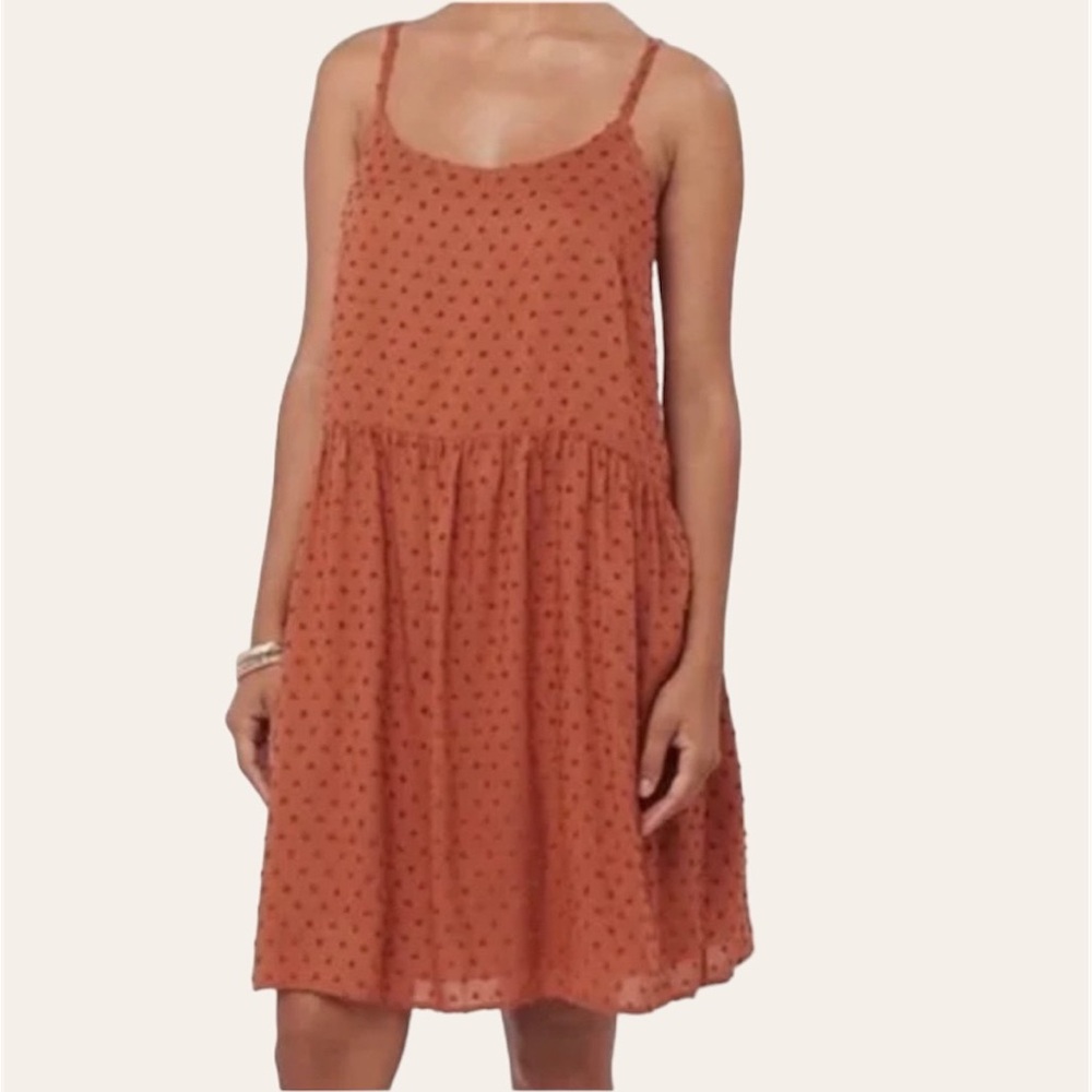 LOFT Burnt Orange Swiss Dot Spaghetti Strap Swing Dress